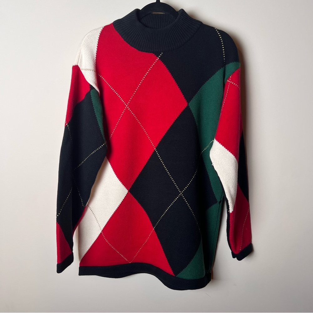 Vtg First Issue Argyle Sweater Color Block Red Green Black Cream Knit Women's S